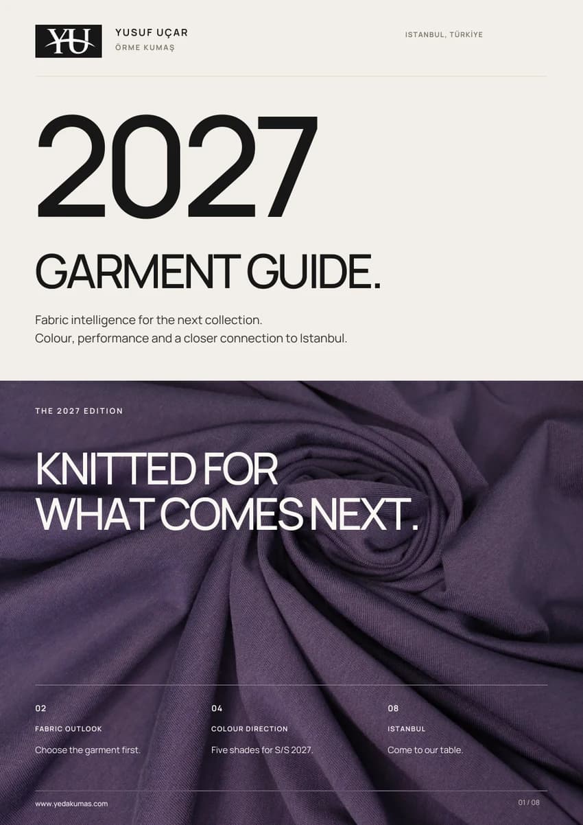 Yusuf Uçar 2027 Garment Guide cover with purple knitted fabric