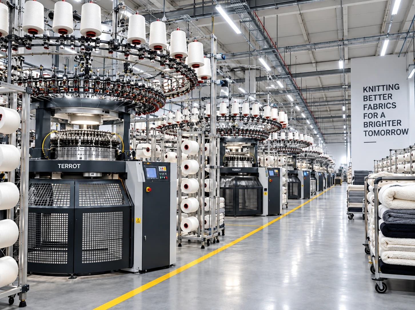 Circular knitting machines across a production floor